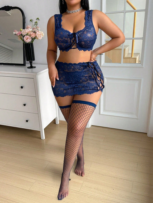 Granatowy Komplet Bielizny "Midnight Lace" – Trzyczęściowy Zestaw Plus Size