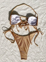 Złoty Błysk – Metaliczny Strój Kąpielowy Bikini z Wiązaniami